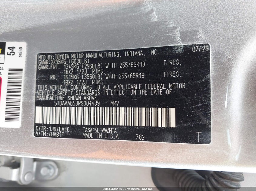 2024 Toyota Highlander VIN 5TDAAAB53RS004439 IAAI salvage auction — LEFT FRONT, Salvage (Nevada), sold $20,950 on 2026-07-22 (photo 9)