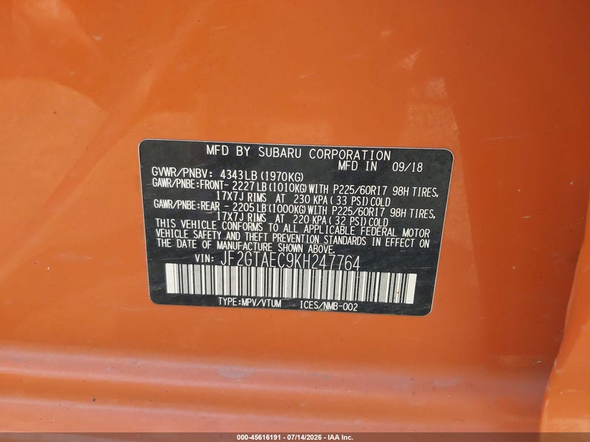 2019 Subaru Xv VIN JF2GTAEC9KH247764 IAAI salvage auction — REAR END, Salvage (Ohio), sold $2,200 on 2026-07-31 (photo 9)
