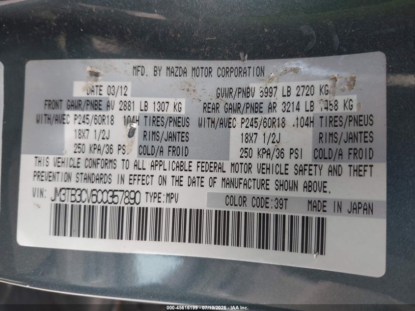 2012 Mazda Cx-9 VIN JM3TB3CV6C0357890 IAAI salvage auction — NORMAL WEAR, Salvage Title, sold $350 on 2026-07-24 (photo 9)