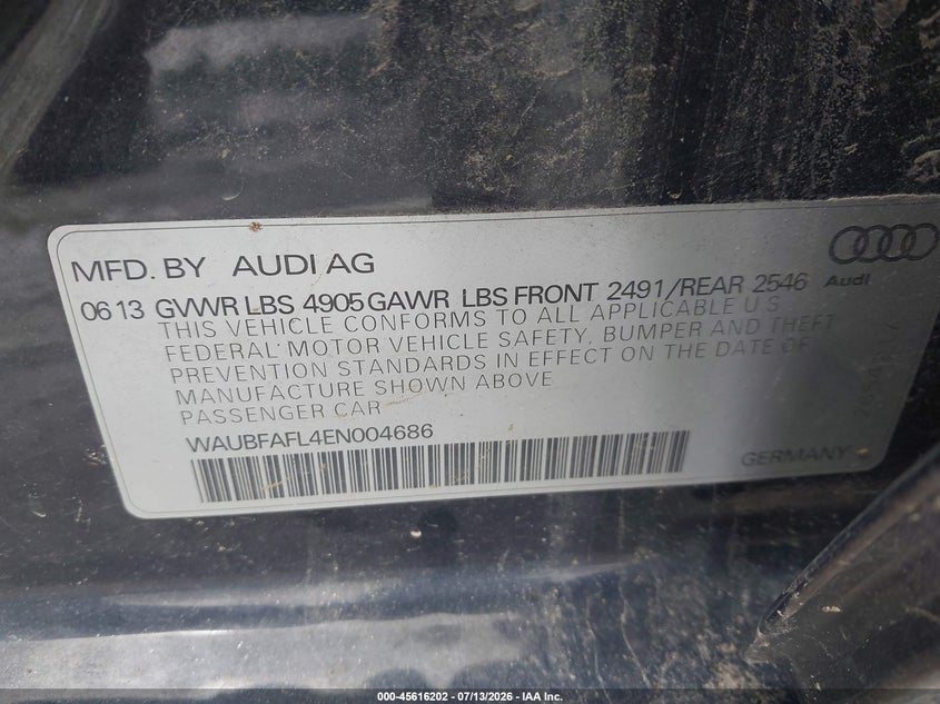 2014 Audi A4 VIN WAUBFAFL4EN004686 IAAI salvage auction — FRONT END, Salvage Title, sold $1,300 on 2026-08-19 (photo 9)