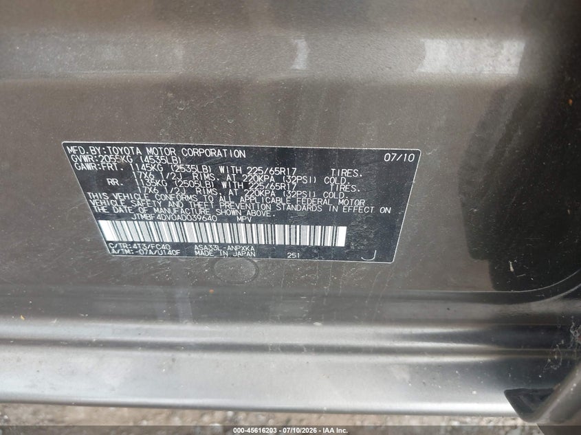 2010 Toyota Rav4 VIN JTMBF4DV0AD039640 IAAI salvage auction — NORMAL WEAR, Clear (Pennsylvania), sold $1,600 on 2026-07-31 (photo 9)