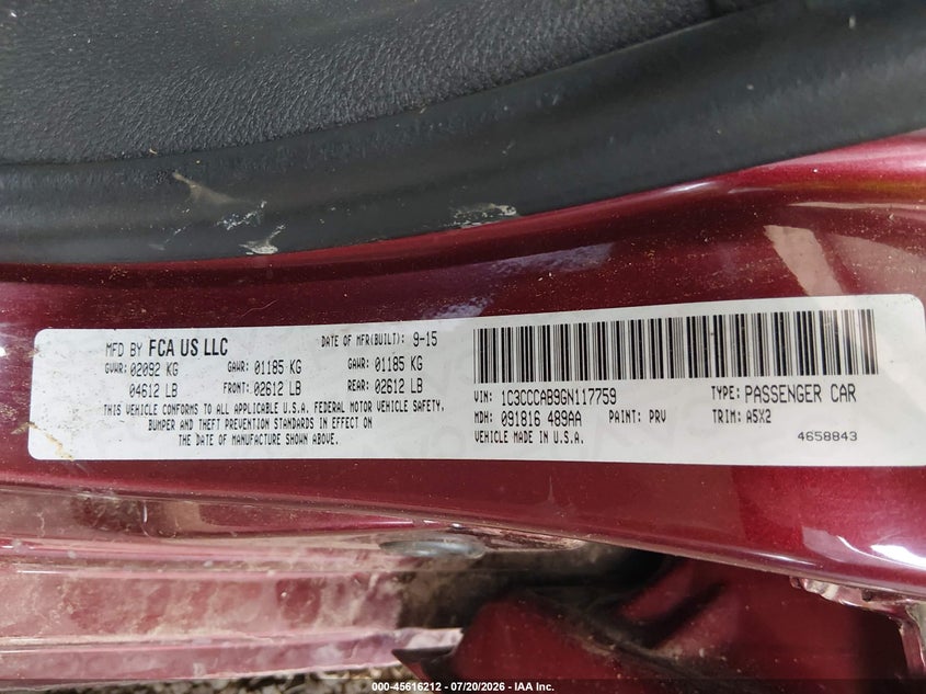 2016 Chrysler 200 VIN 1C3CCCAB9GN117759 IAAI salvage auction — LEFT SIDE, Salvage (Arizona), sold $600 on 2026-07-29 (photo 9)