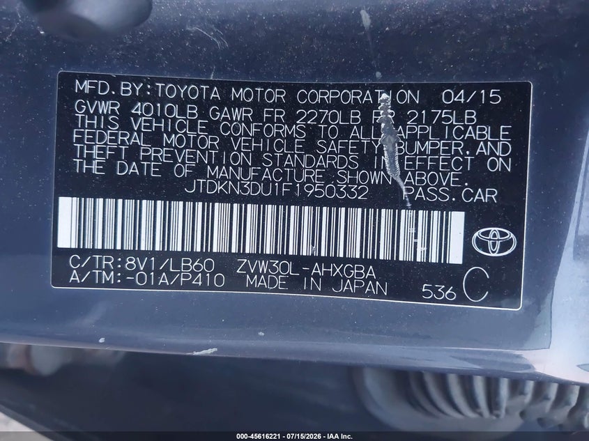 2015 Toyota Prius VIN JTDKN3DU1F1950332 IAAI salvage auction — FRONT END, Salvage Title, sold $625 on 2026-07-24 (photo 9)