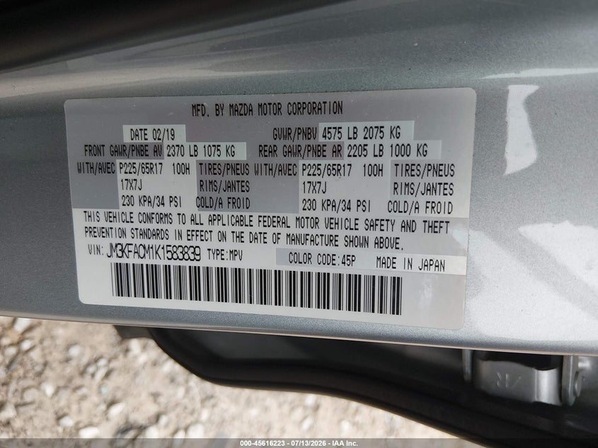 2019 Mazda Cx-5 VIN JM3KFACM1K1583839 IAAI salvage auction — FRONT END, Salvage Title, sold $2,050 on 2026-08-03 (photo 9)