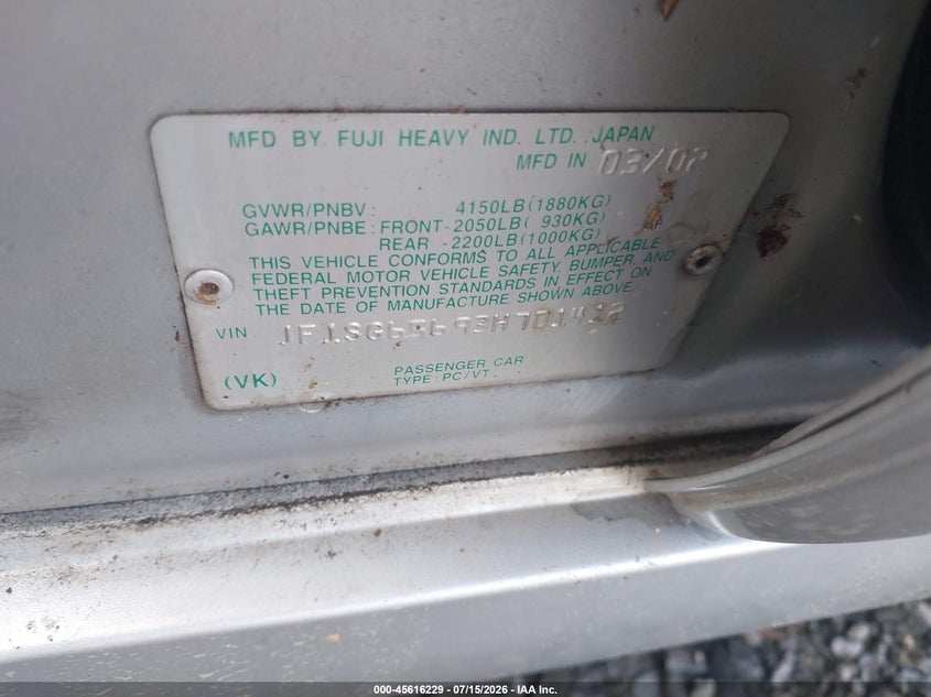 2003 Subaru Forester VIN JF1SG65693H701412 IAAI salvage auction — NORMAL WEAR, Clear (Georgia), sold $175 on 2026-07-28 (photo 9)