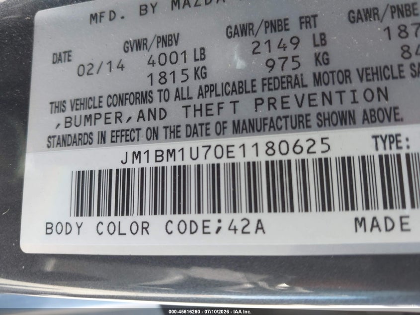 2014 Mazda 3 VIN JM1BM1U70E1180625 IAAI salvage auction — SIDE, Salvage Title, sold $1,500 on 2026-07-31 (photo 9)