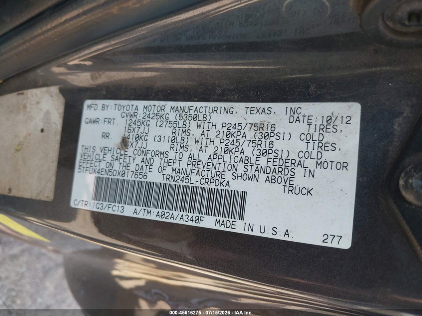 2013 Toyota Tacoma VIN 5TFUX4EN5DX017656 IAAI salvage auction — NORMAL WEAR, Clear (Illinois), sold $4,450 on 2026-07-29 (photo 9)