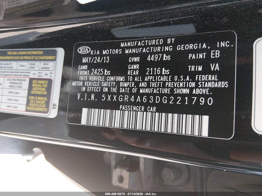 2013 Kia Optima VIN 5XXGR4A63DG221790 IAAI salvage auction — REAR END, Salvage Title, sold $1,350 on 2026-07-23 (photo 9)