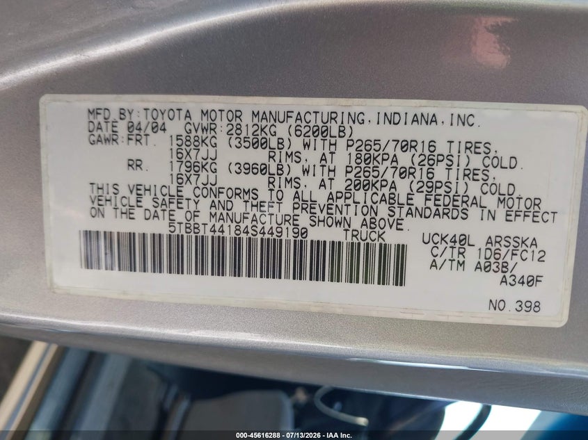 2004 Toyota Tundra VIN 5TBBT44184S449190 IAAI salvage auction — NORMAL WEAR, Original (Rhode Island), sold $325 on 2026-07-28 (photo 9)