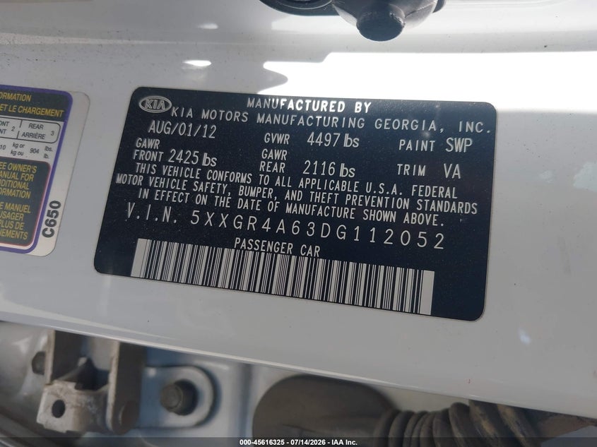 2013 Kia Optima VIN 5XXGR4A63DG112052 IAAI salvage auction — NORMAL WEAR, Clear - Dealer Only (California), sold $700 on 2026-07-17 (photo 9)