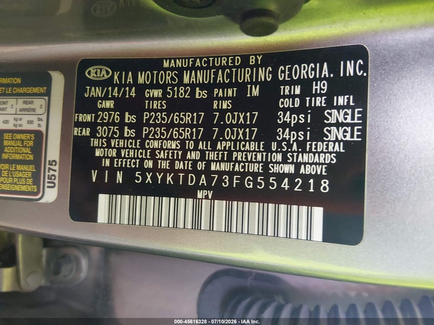 2015 Kia Sorento VIN 5XYKTDA73FG554218 IAAI salvage auction — NORMAL WEAR, Clear-Dealer Only (Arizona), sold $1,925 on 2026-07-28 (photo 9)