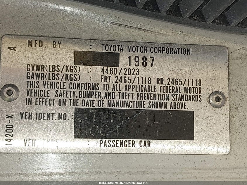 1987 Toyota Supra VIN JT2MA71L2H0048751 IAAI salvage auction — NORMAL WEAR, Clear (Florida), sold $5,100 on 2026-07-16 (photo 9)