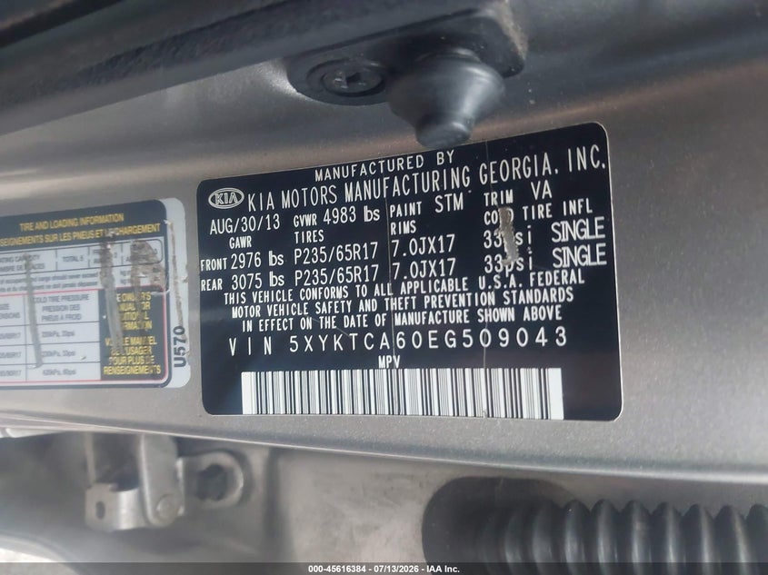 2014 Kia Sorento VIN 5XYKTCA60EG509043 IAAI salvage auction — REAR END, Clear (Georgia), sold $975 on 2026-07-28 (photo 9)