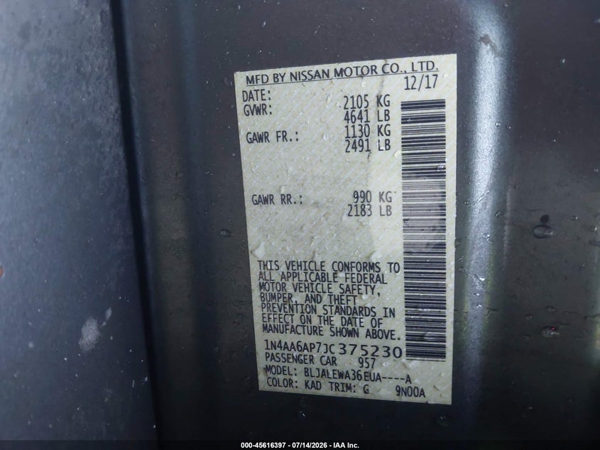 2018 Nissan Maxima VIN 1N4AA6AP7JC375230 IAAI salvage auction — REAR END, Salvage - Greater Than 75% (Maryland), sold $3,000 on 2026-07-31 (photo 9)