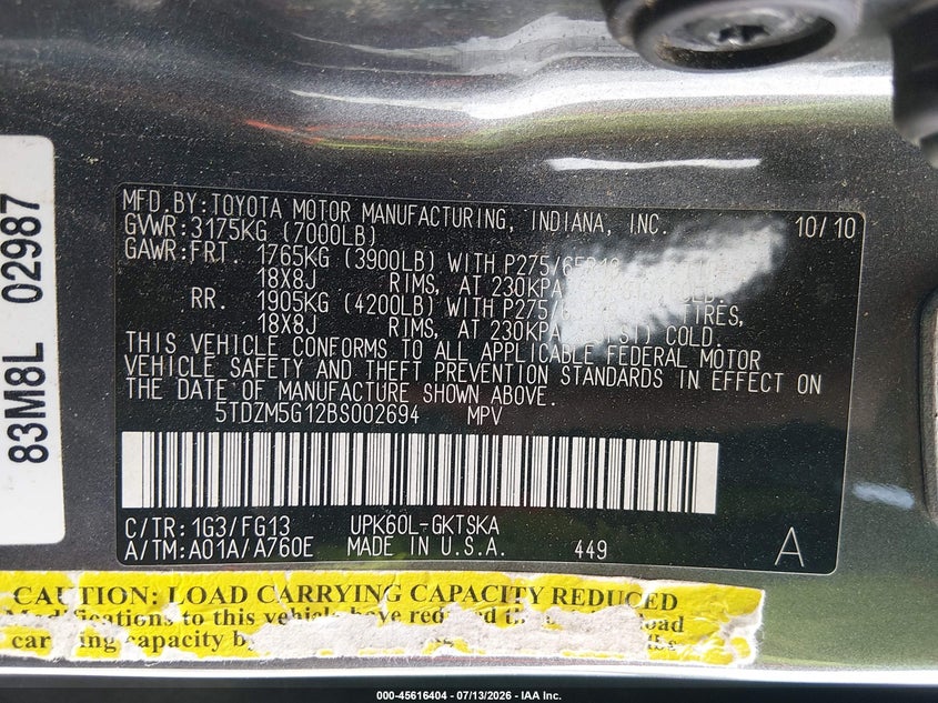 2011 Toyota Sequoia VIN 5TDZM5G12BS002694 IAAI salvage auction — NORMAL WEAR, Clear (Georgia), sold $2,250 on 2026-07-16 (photo 9)