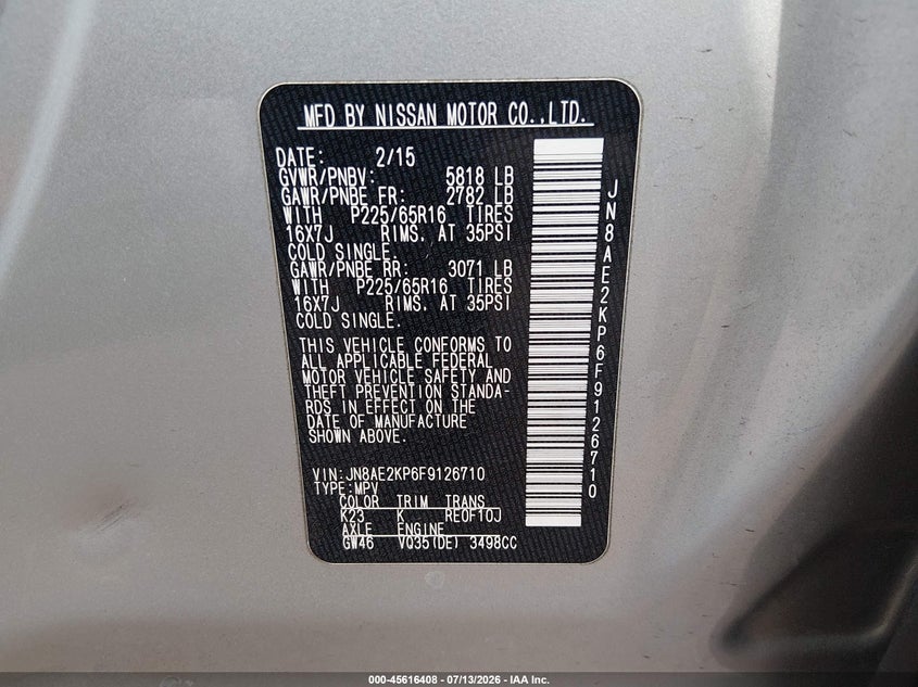 2015 Nissan Quest VIN JN8AE2KP6F9126710 IAAI salvage auction — NORMAL WEAR, Clear - Dealer Only (California), sold $1,250 on 2026-07-28 (photo 9)