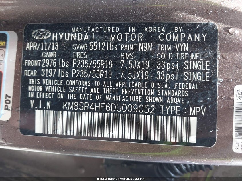 2013 Hyundai Santa fe VIN KM8SR4HF6DU009052 IAAI salvage auction — SIDE, Clear (Georgia), sold $1,550 on 2026-07-21 (photo 9)