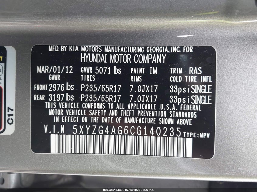 2012 Hyundai Santa fe VIN 5XYZG4AG6CG140235 IAAI salvage auction — FRONT END, Rebuildable (Florida), sold $975 on 2026-07-27 (photo 9)