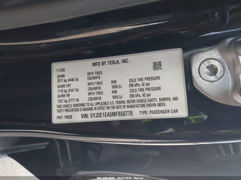 2021 Tesla Model 3 VIN 5YJ3E1EA5MF850770 IAAI salvage auction — REAR END, Salvage (Idaho), sold $4,000 on 2026-10-03 (photo 8)
