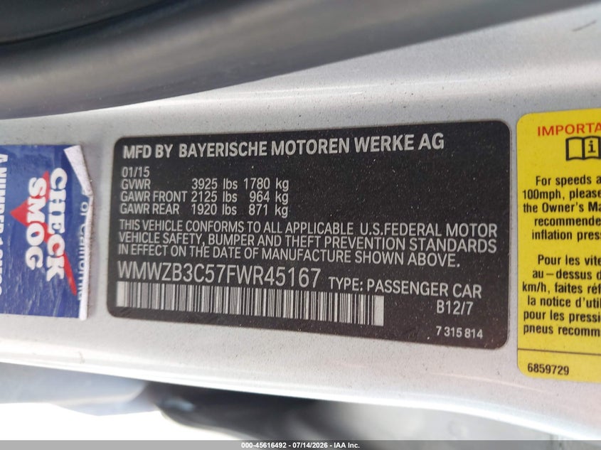 2015 Mini Countryman VIN WMWZB3C57FWR45167 IAAI salvage auction — NORMAL WEAR, Clear - Dealer Only (California), sold $300 on 2026-07-30 (photo 9)