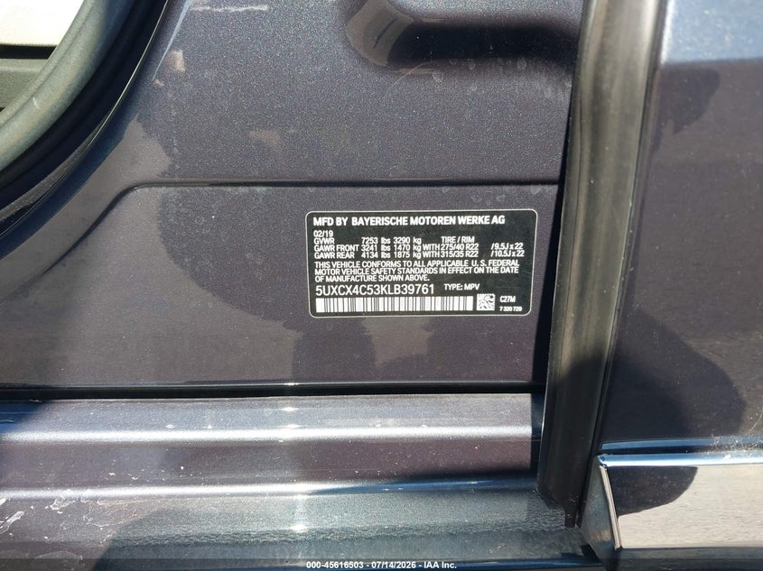 2019 BMW X7 VIN 5UXCX4C53KLB39761 IAAI salvage auction — FRONT END, Salvage Title, sold $22,300 on 2026-09-01 (photo 9)
