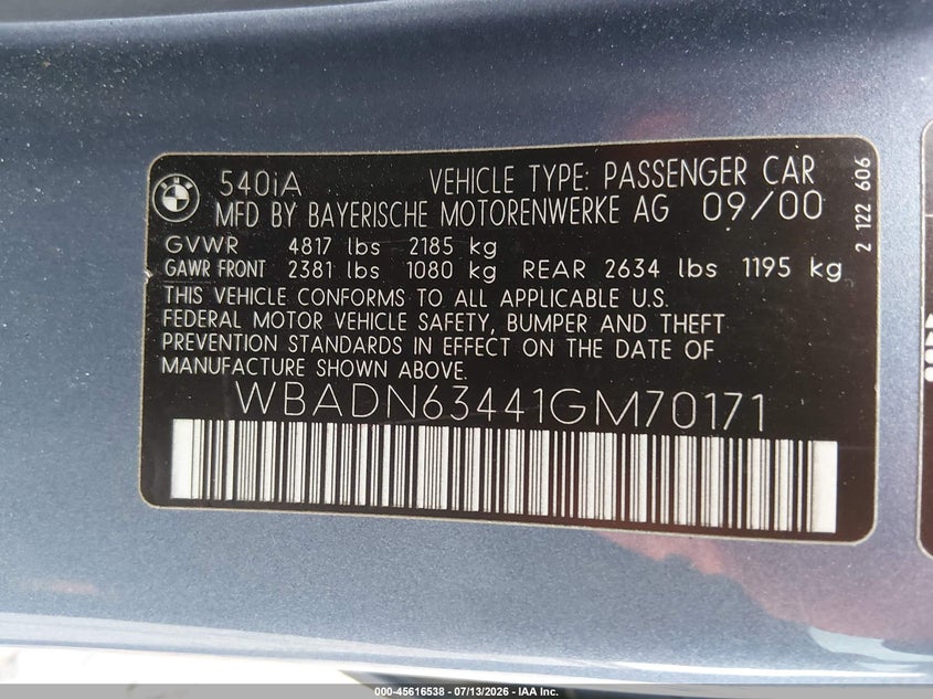 2001 BMW 5 series VIN WBADN63441GM70171 IAAI salvage auction — ENGINE DAMAGE, Salvage (California), sold $450 on 2026-08-11 (photo 9)