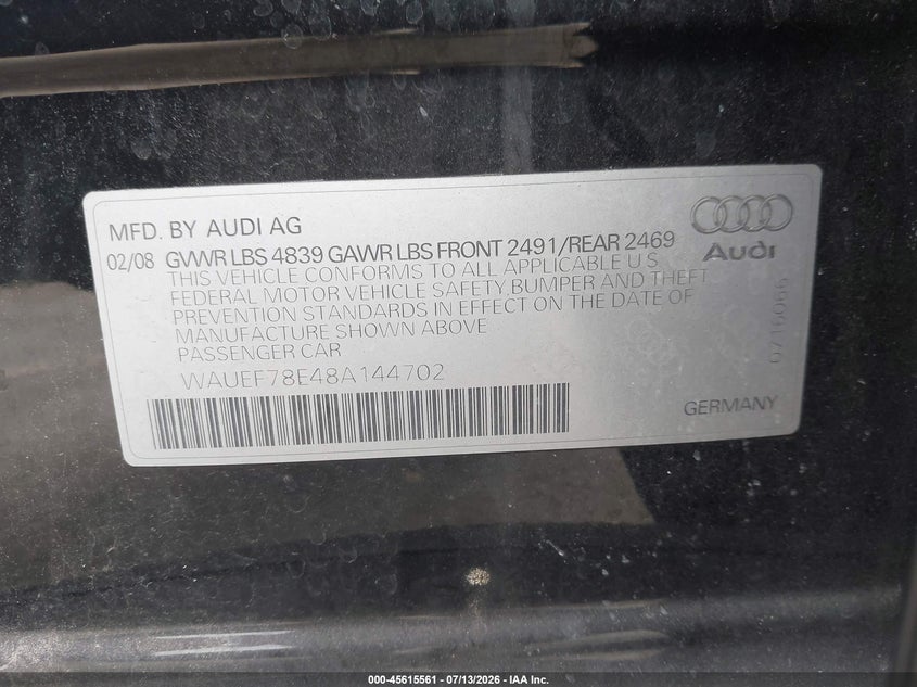 2008 Audi A4 VIN WAUEF78E48A144702 IAAI salvage auction — UNKNOWN, Clear - Dealer Only (California), sold $250 on 2026-07-29 (photo 9)