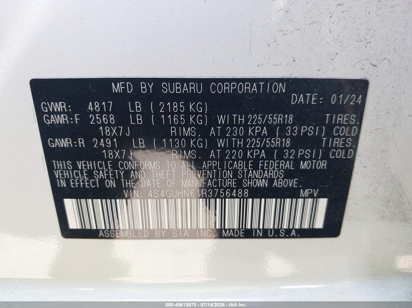 2024 Subaru Xv VIN 4S4GUHN61R3756488 IAAI salvage auction — REAR END, Salvage Certificate (California), sold $6,400 on 2026-07-29 (photo 9)