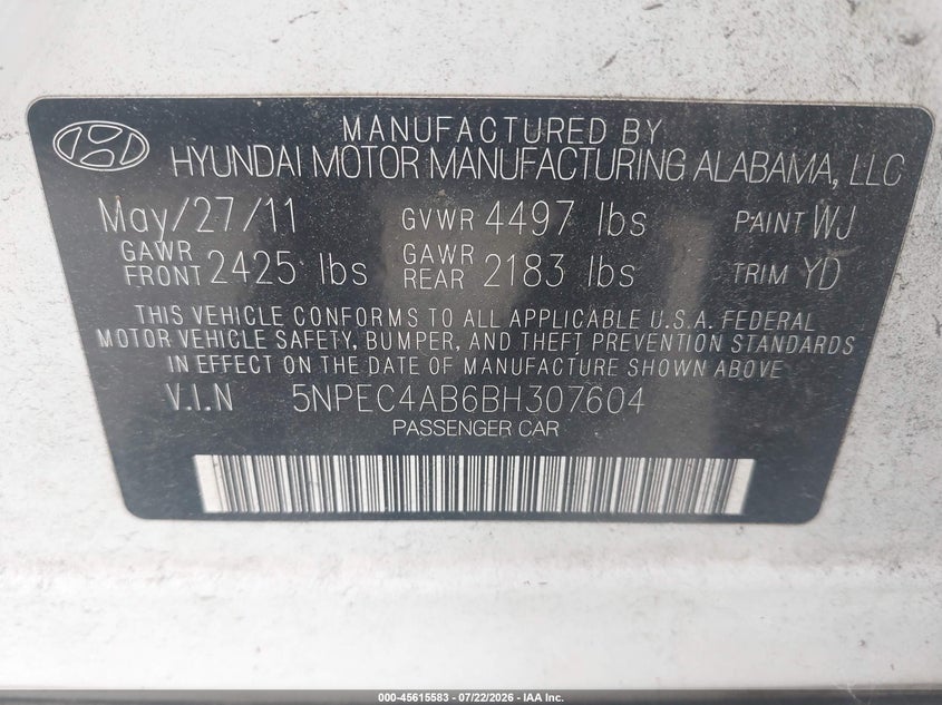 2011 Hyundai Sonata VIN 5NPEC4AB6BH307604 IAAI salvage auction — NORMAL WEAR, Clear-Dealer Only (North Carolina), sold $275 on 2026-07-29 (photo 9)