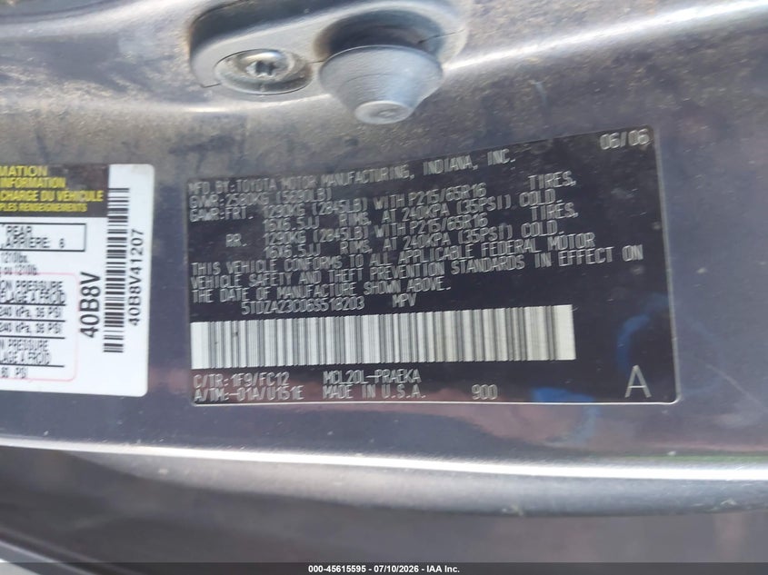 2006 Toyota Sienna VIN 5TDZA23C06S518203 IAAI salvage auction — NORMAL WEAR, Salvage Title (California), sold $625 on 2026-07-28 (photo 9)