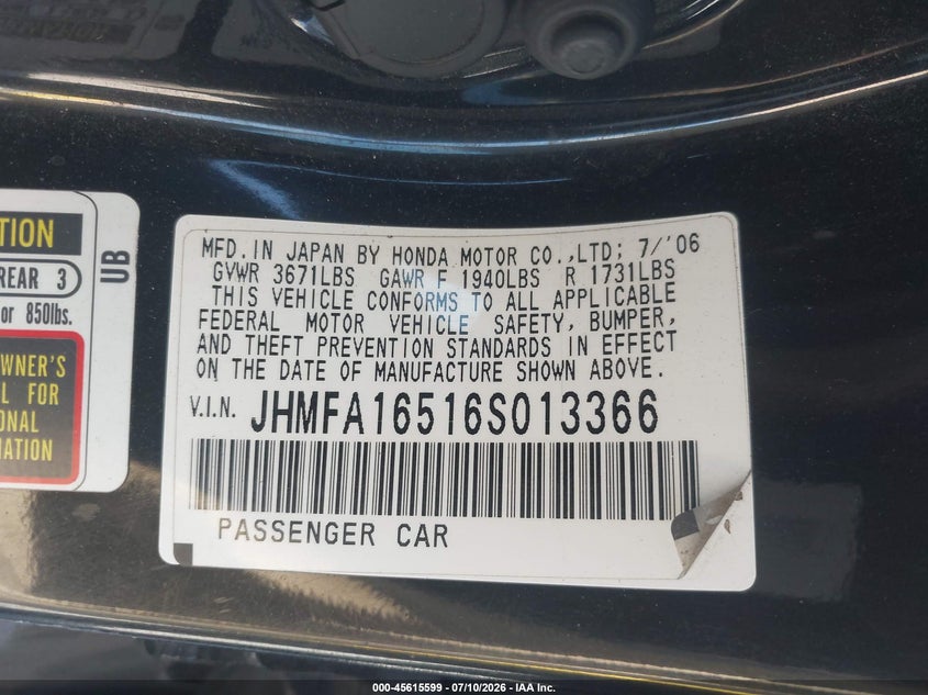 2006 Honda Civic VIN JHMFA16516S013366 IAAI salvage auction — NORMAL WEAR, Salvage Title - Dealer (California), sold $300 on 2026-07-29 (photo 9)