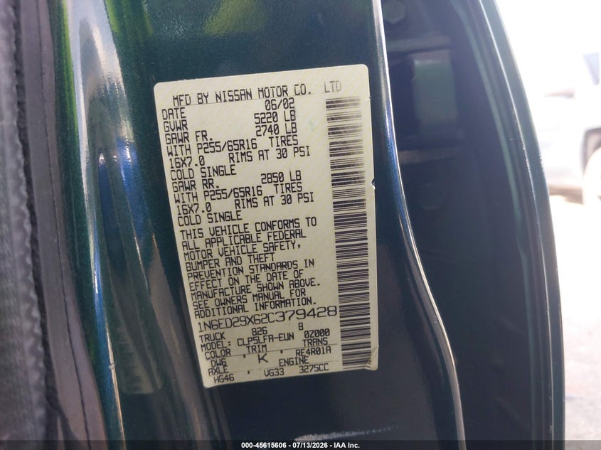 2002 Nissan Frontier VIN 1N6ED29X62C379428 IAAI salvage auction — NORMAL WEAR, Original (Texas), sold $725 on 2026-07-19 (photo 9)