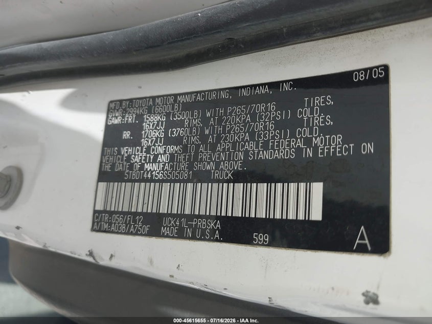 2006 Toyota Tundra VIN 5TBDT44156S505081 IAAI salvage auction — REAR END, Salvage (California), sold $2,050 on 2026-07-28 (photo 9)