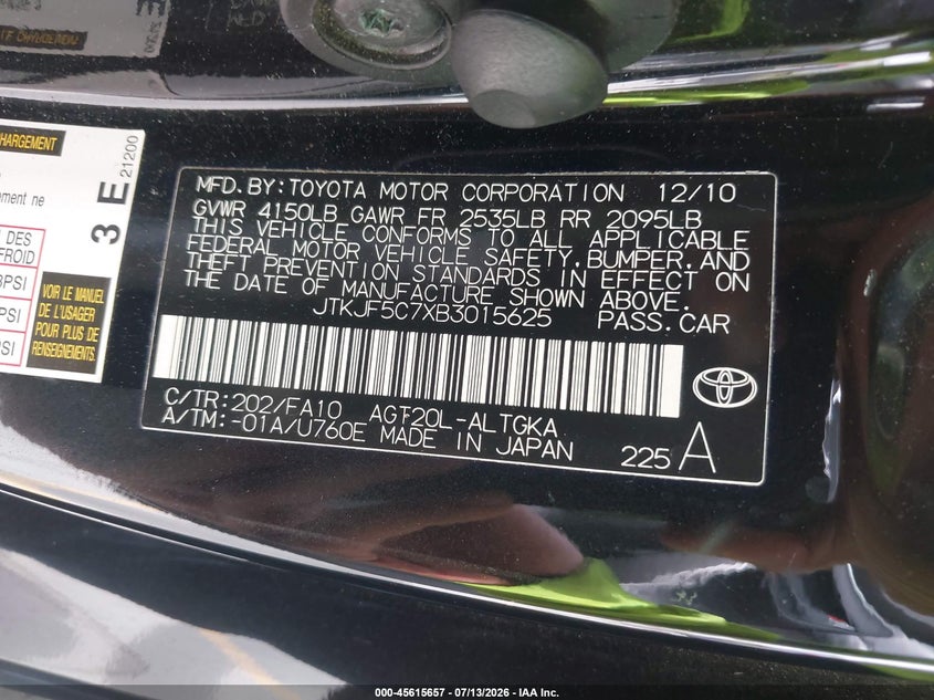 2011 Scion Tc VIN JTKJF5C7XB3015625 IAAI salvage auction — RIGHT SIDE, Salvage (California), sold $1,500 on 2026-08-03 (photo 9)