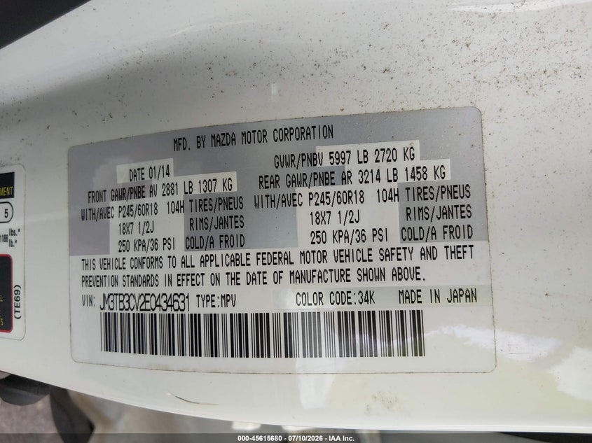 2014 Mazda Cx-9 VIN JM3TB3CV2E0434631 IAAI salvage auction — NORMAL WEAR, Clear (South Carolina), sold $225 on 2026-07-29 (photo 9)