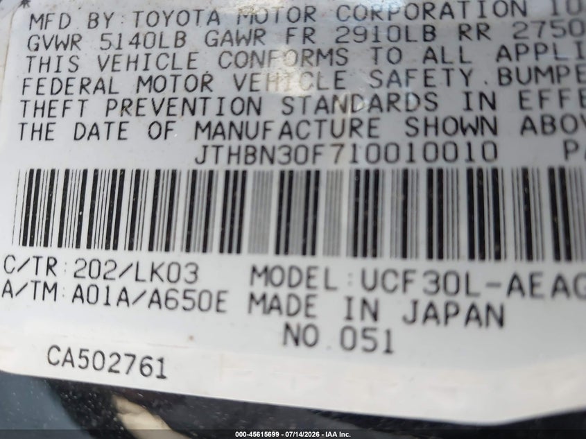 2001 Lexus Ls 430 VIN JTHBN30F710010010 IAAI salvage auction — NORMAL WEAR, Clear (Arkansas), sold $400 on 2026-07-29 (photo 9)