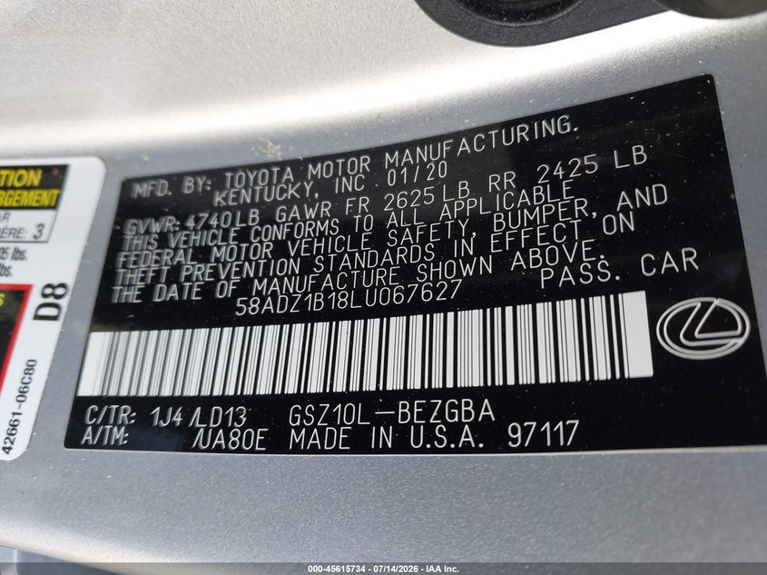 2020 Lexus ES VIN 58ADZ1B18LU067627 IAAI salvage auction — STORM DAMAGE, Salvage (Virginia), sold $13,600 on 2026-07-23 (photo 9)