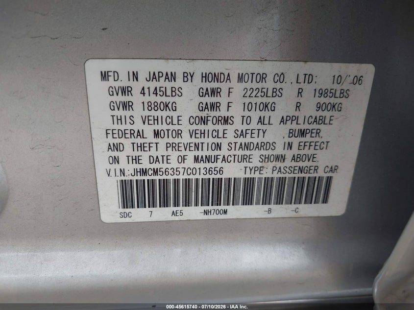 2007 Honda Accord VIN JHMCM56357C013656 IAAI salvage auction — NORMAL WEAR, Clear (Washington), sold $700 on 2026-07-29 (photo 9)
