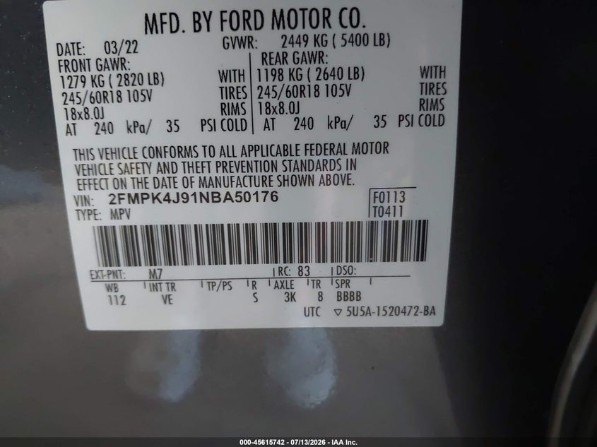 2022 Ford Edge VIN 2FMPK4J91NBA50176 IAAI salvage auction — NORMAL WEAR, Sf97 (New York), sold $14,150 on 2026-08-20 (photo 9)