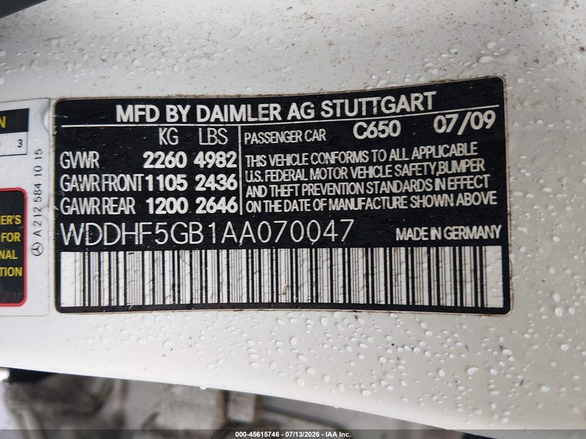 2010 Mercedes-benz E-class VIN WDDHF5GB1AA070047 IAAI salvage auction — FRONT END, Salvage (North Carolina), sold $725 on 2026-08-13 (photo 9)