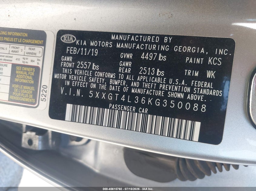 2019 Kia Optima VIN 5XXGT4L36KG350088 IAAI salvage auction — THEFT, Salvage (California), sold $1,950 on 2026-07-28 (photo 9)