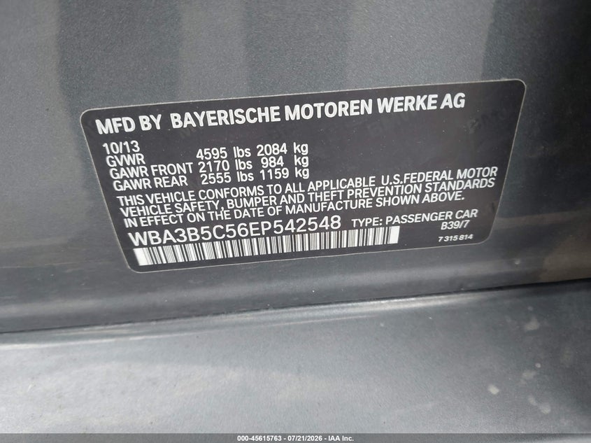 2014 BMW 3er VIN WBA3B5C56EP542548 IAAI salvage auction — WATER/FLOOD, Salvage (Idaho), sold $2,600 on 2026-08-03 (photo 9)
