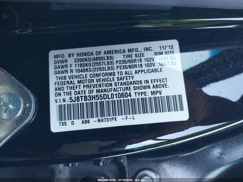 2013 Acura Rdx VIN 5J8TB3H55DL010604 IAAI salvage auction — FRONT END, Salvage (Idaho), sold $925 on 2026-08-02 (photo 9)
