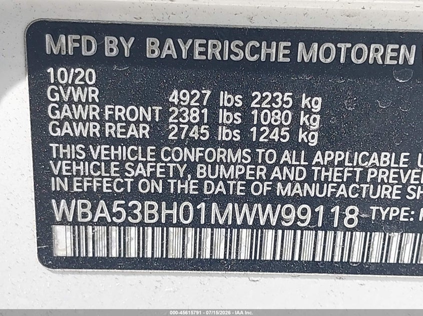 2021 BMW 5er VIN WBA53BH01MWW99118 IAAI salvage auction — LEFT FRONT, Salvage Title, sold $13,400 on 2026-08-20 (photo 9)