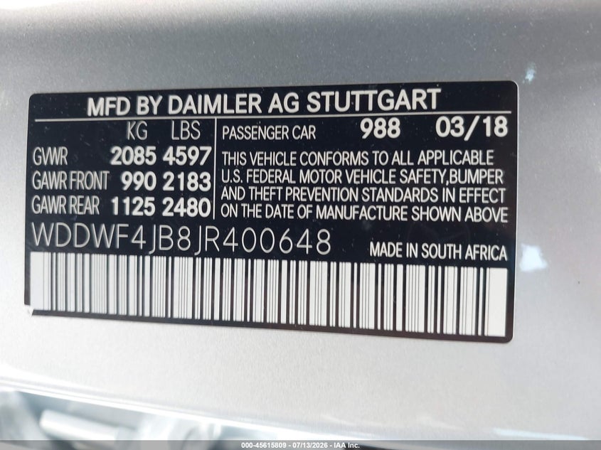 2018 Mercedes-benz C-klasse VIN WDDWF4JB8JR400648 IAAI salvage auction — SIDE, Salvage Title, sold $5,500 on 2026-08-02 (photo 9)