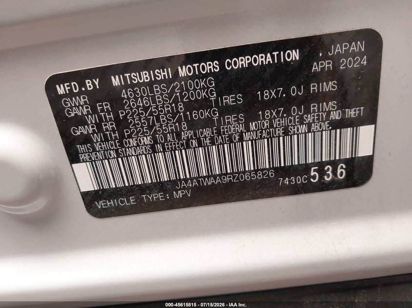 2024 Mitsubishi Eclipse cross VIN JA4ATWAA9RZ065826 IAAI salvage auction — RIGHT SIDE, Salvage (Massachusetts), sold $8,875 on 2026-09-10 (photo 9)
