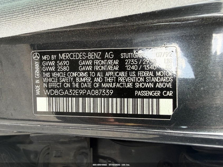 1993 Mercedes-benz 300 VIN WDBGA32E9PA087339 IAAI salvage auction — NORMAL WEAR, Clear (Indiana), sold $2,050 on 2026-07-15 (photo 9)