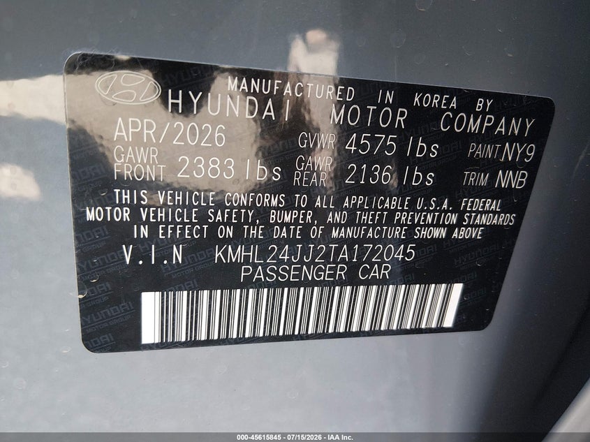 2026 Hyundai Sonata hybrid VIN KMHL24JJ2TA172045 IAAI salvage auction — REAR END, Enterprise Vehicles Clear Only (California), sold $10,900 on 2026-07-29 (photo 9)