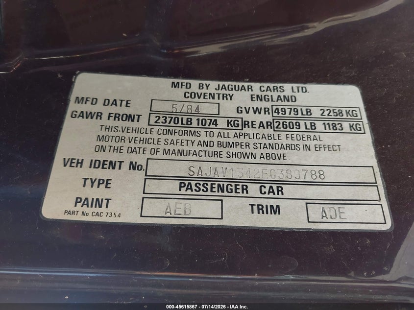 1984 Jaguar Xj series VIN SAJAV1342EC389788 IAAI salvage auction — NORMAL WEAR, Clear - Dealer Only (California), sold $225 on 2026-07-28 (photo 9)