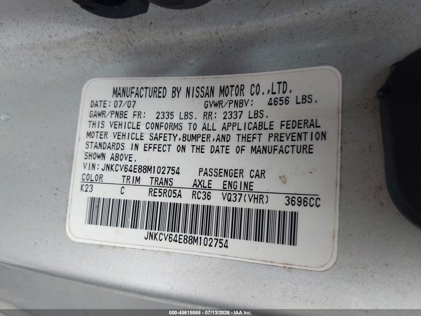 2008 Infiniti G37 VIN JNKCV64E88M102754 IAAI salvage auction — NORMAL WEAR, Clear (North Carolina), sold $1,175 on 2026-07-29 (photo 9)